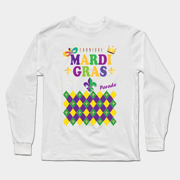 Mardi Gras Carnival Festive Geometrical Fleur de Lis Rhombus Arrangement Pattern, Green, Yellow, Purple color, Festival Party Decoration. Modern Art Long Sleeve T-Shirt by sofiartmedia